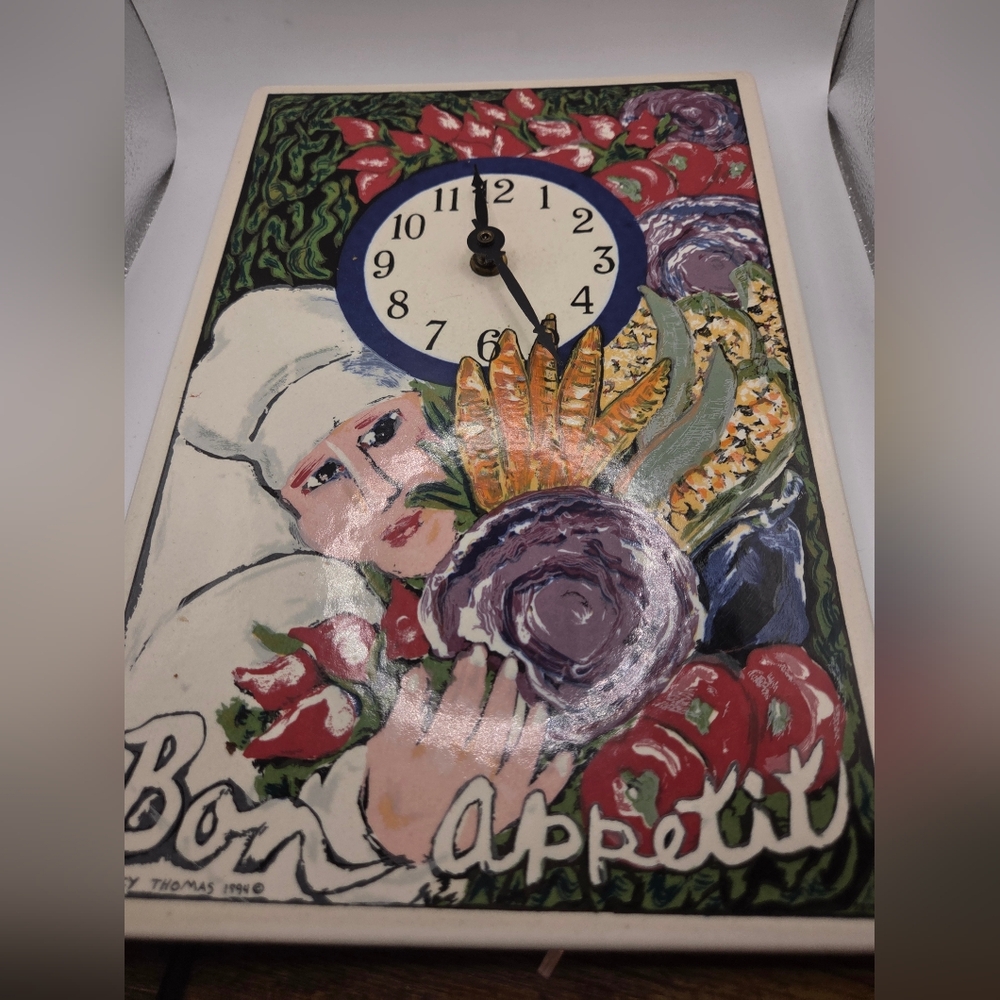 Nancy Thomas Bon Appetit Chef 8" x 12" Ceramic Tile Wall Clock 1997